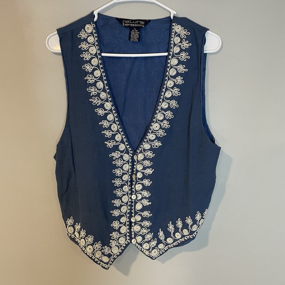 VTG Natural Expressions‎ Size L Floral Embroidered Vest Boho Lightweight Blue